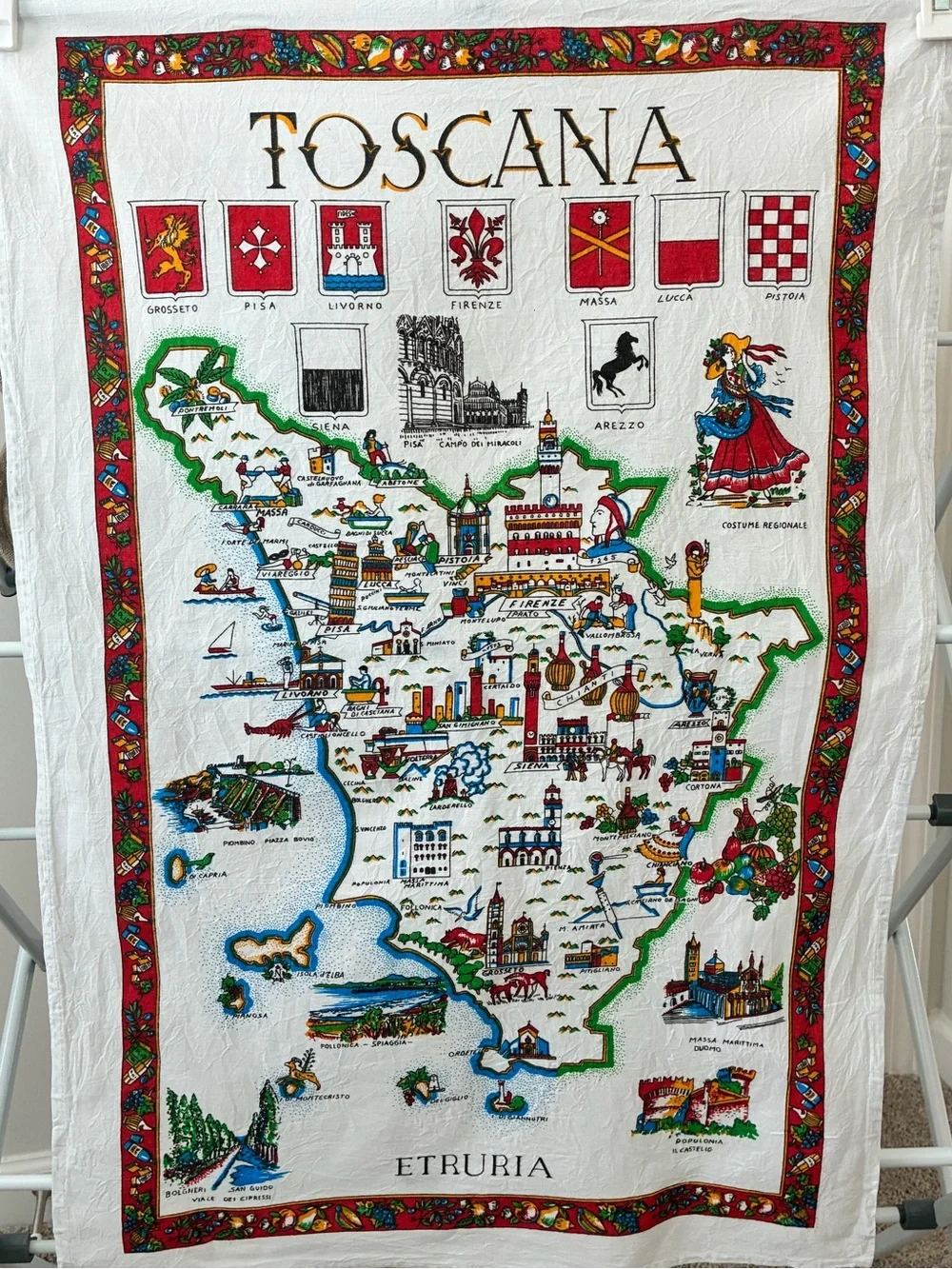 Toscana Illustrated Map Tea Towel - ETRURIA- VINTAGE 🆕 NWOT - Picture 1 of 6
